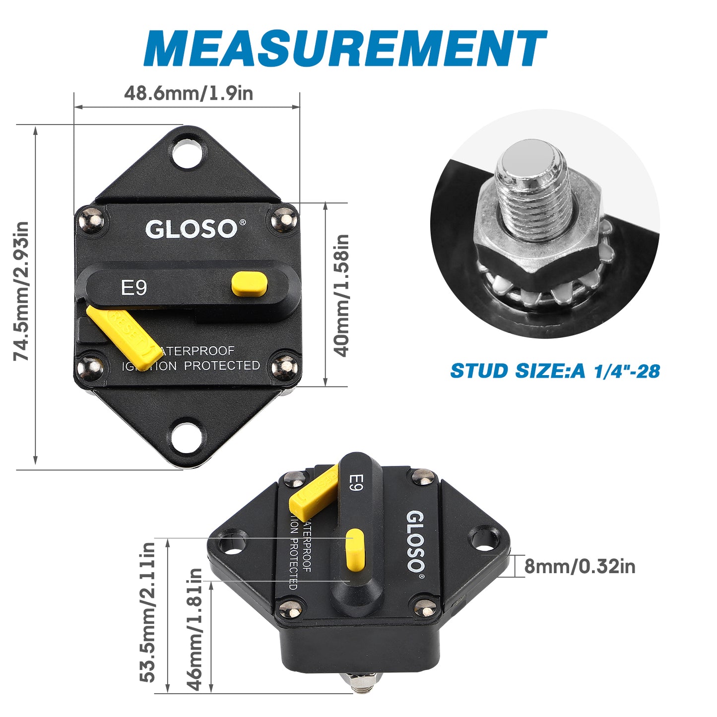 GLOSO E96 T3 Panel Mount Waterproof IP67 with Gasket Circuit Breaker (25A-300A)