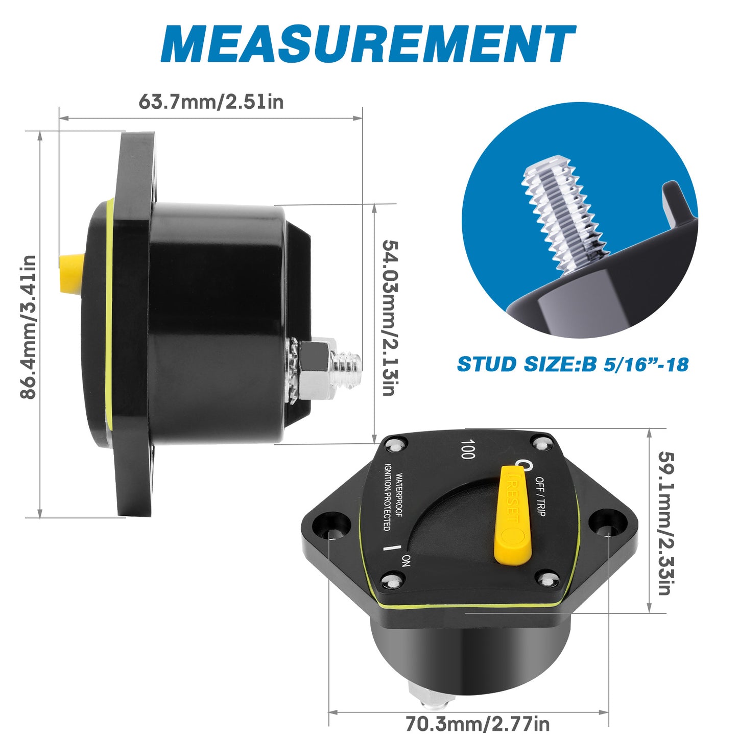 GLOSO Circuit Breaker Switches Manual Reset Waterproof Audio Radio Solar System Boat Truck Marine Automotive Stud 5/16“ Panel Mount 25-300A