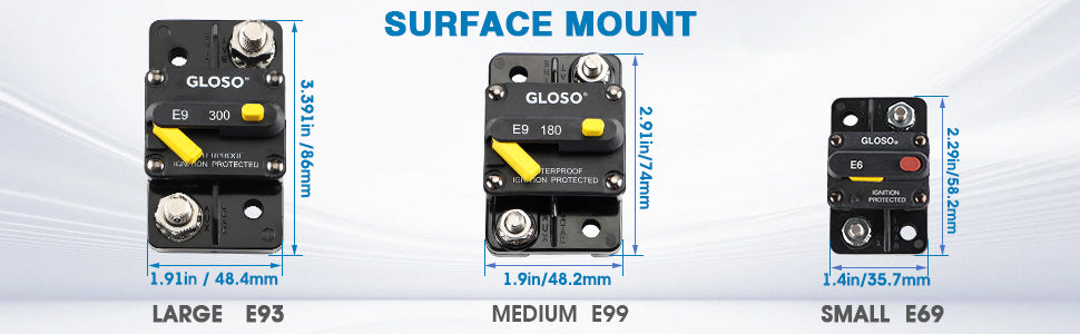 GLOSO E69 Manual (T3) Reset Mid Range Mini Surface Mount Circuit Breakers (10A-60A)