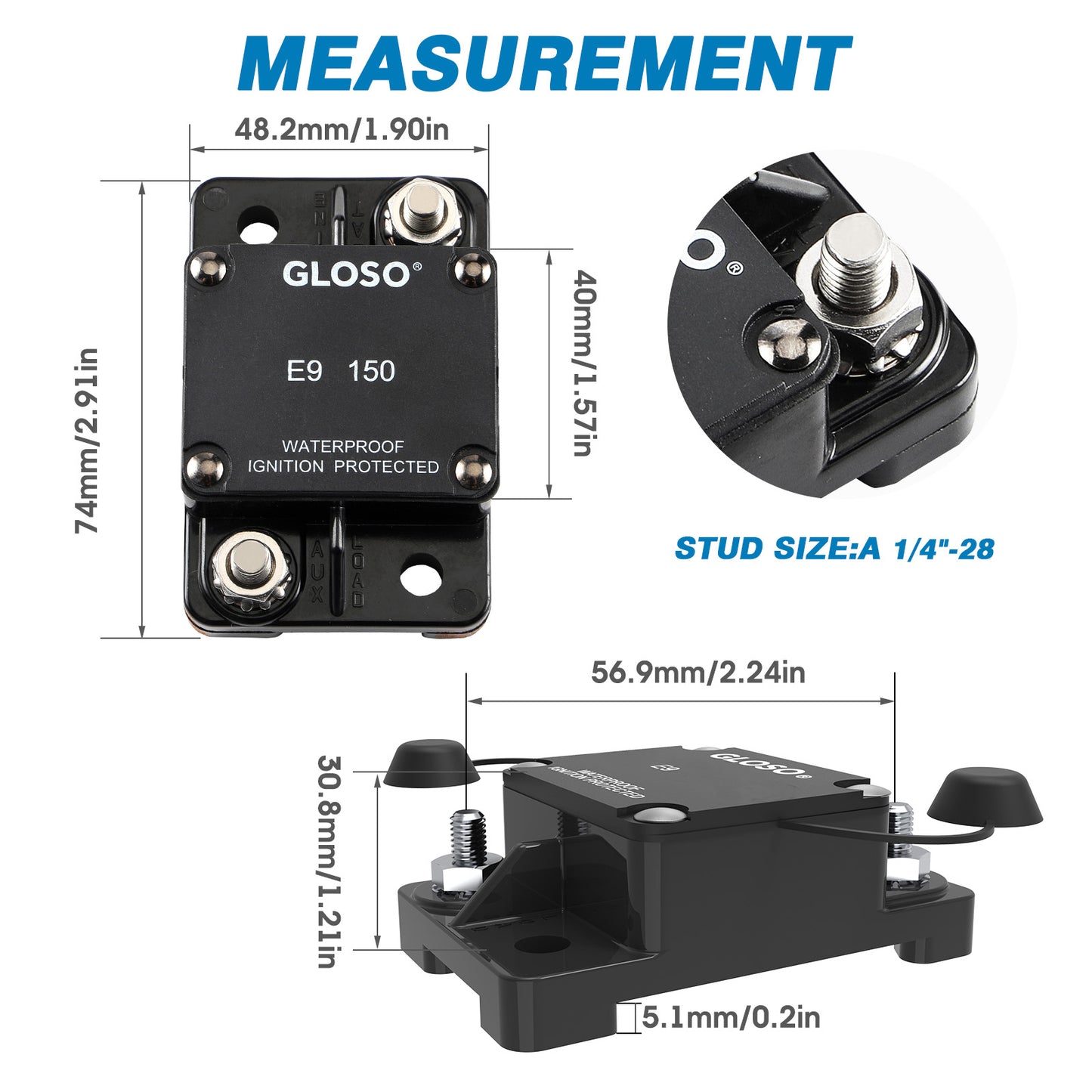 GLOSO E97 T1 Surface Mount Waterproof IP67 Hi-Amp Circuit Breaker (25A-150A)