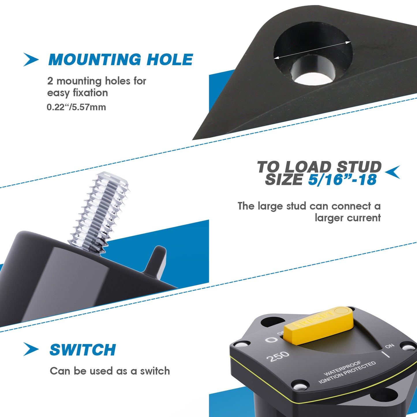 GLOSO Circuit Breaker Switches Manual Reset Waterproof Audio Radio Solar System Boat Truck Marine Automotive Stud 5/16“ Panel Mount 25-300A
