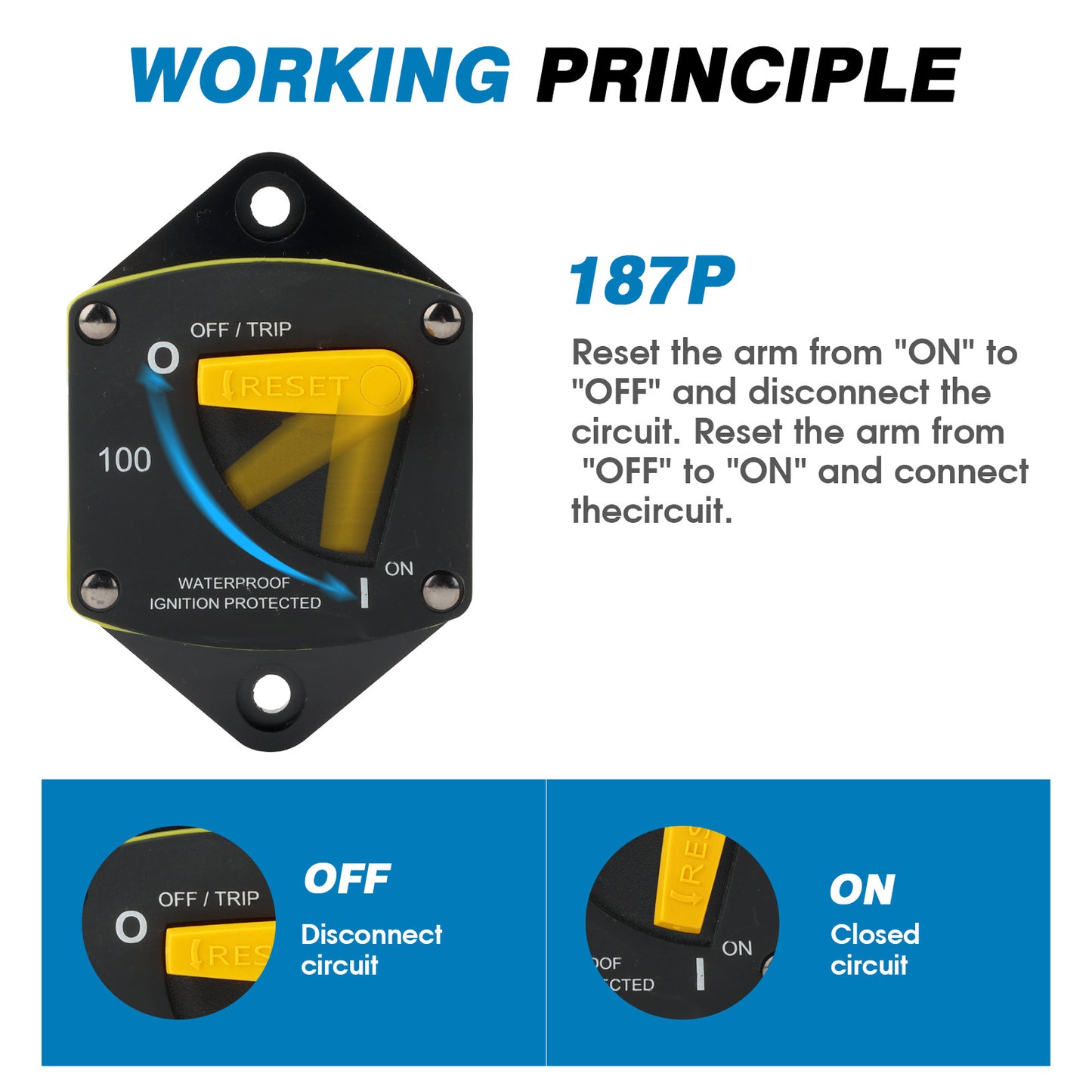 GLOSO Circuit Breaker Switches Manual Reset Waterproof Audio Radio Solar System Boat Truck Marine Automotive Stud 5/16“ Panel Mount 25-300A