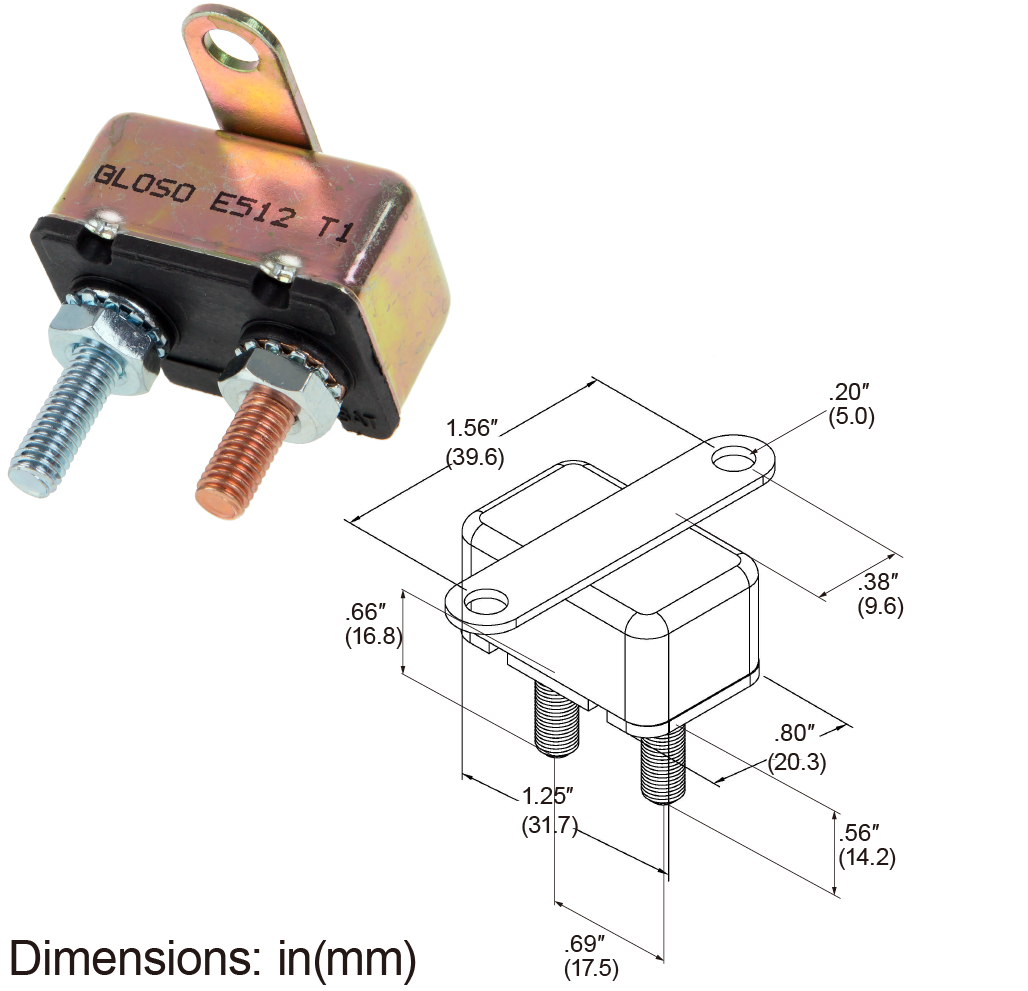GLOSO E512 Stud Type Auto (T1) Reset Circuit Breakers Crosswise Bracket 5 Pack (5A-50A)