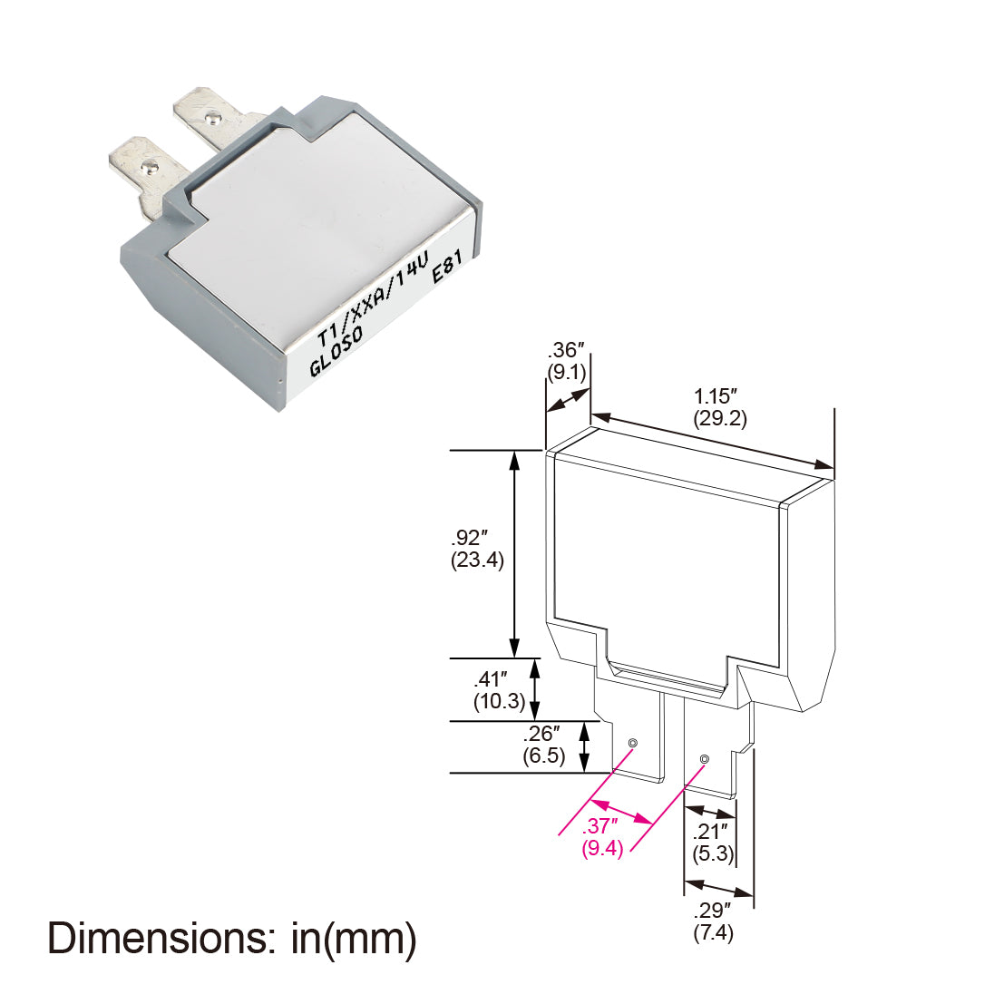 GLOSO E81 Long ATC Terminal (w/dimple) Circuit Breaker, T1 Auto Reset (10A-50A)