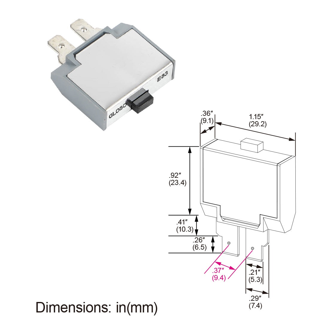 GLOSO E83 Long ATC/ATO Terminal (with dimple) Circuit Breakers, T3 Manual Reset (10A-60A)