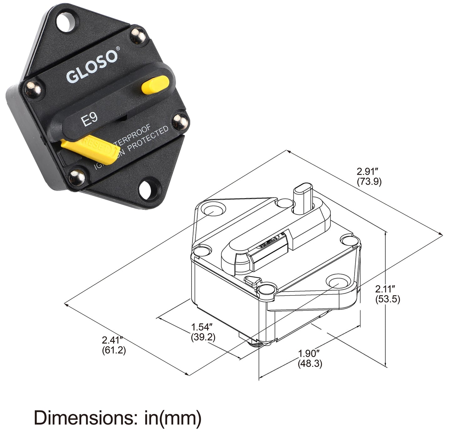 GLOSO E96 T3 Panel Mount Waterproof IP67 with Gasket Circuit Breaker - Loki Box Design Inc only
