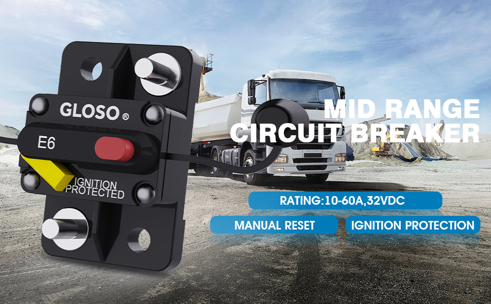 GLOSO E69 Manual (T3) Reset Mid Range Mini Surface Mount Circuit Breakers (10A-60A)