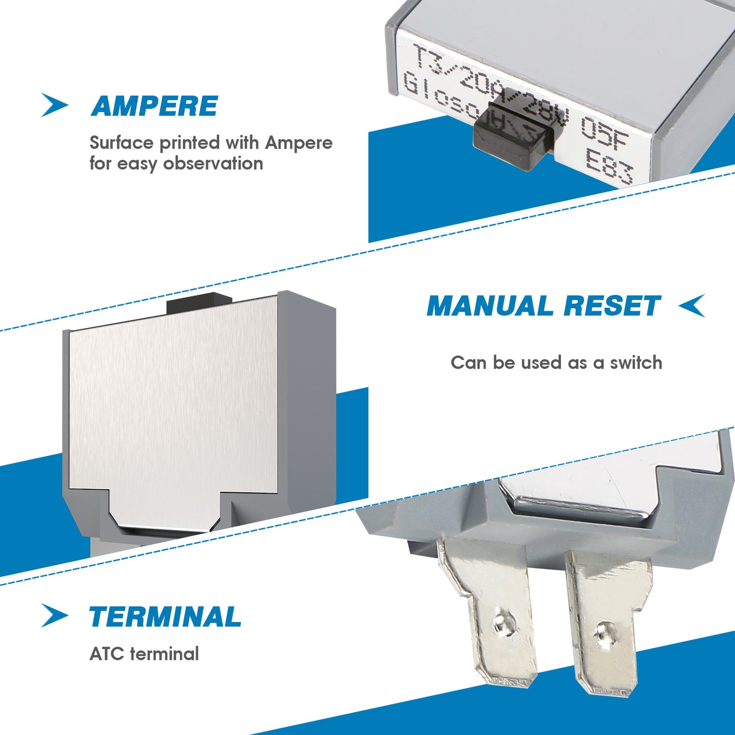 GLOSO E83 Long ATC/ATO Terminal (with dimple) Circuit Breakers, T3 Manual Reset (10A-60A)