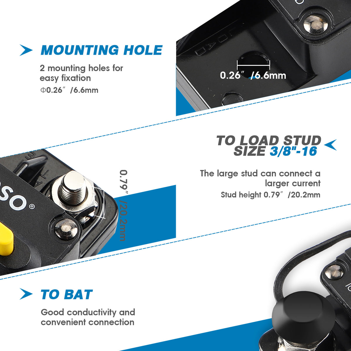GLOSO E93 300A Surface Mount Hi-Amp Circuit Breaker – 3/8 & 1/4 Diagonal Studs, IP67, DC Thermal