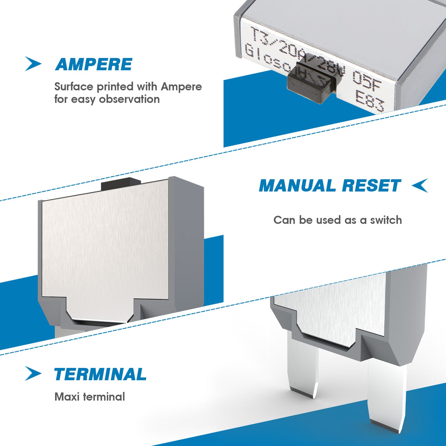 GLOSO E83 Maxi Blade Circuit Breaker, T3 Manual Reset (10A-60A)