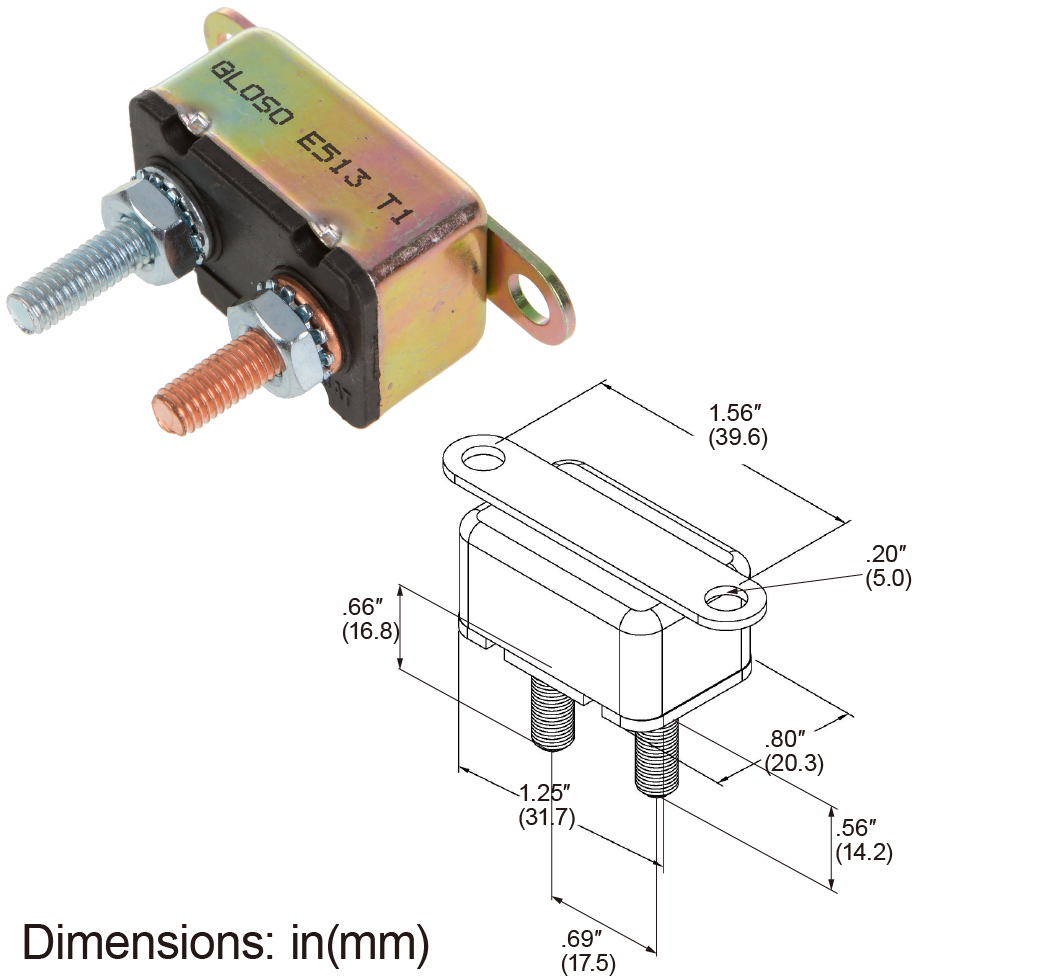 GLOSO E513 Stud Type Lengthwise Bracket Circuit Breaker Auto Reset (T1) 1 Pack (5A-50A)